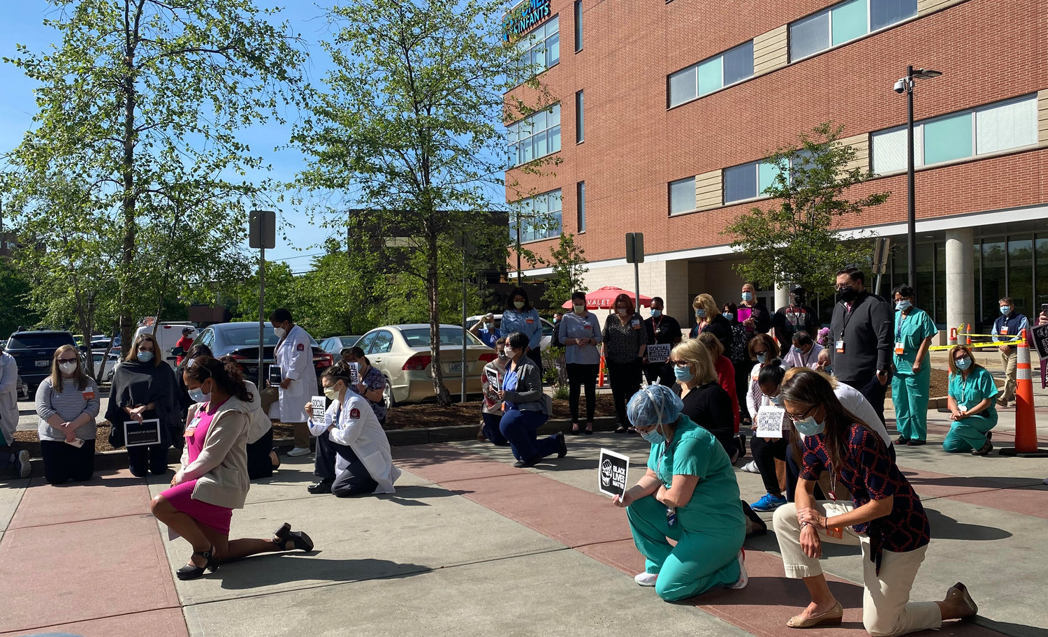 At silent protest was held in front of Women & Infants Hospital on Wednesday, May 25, to commemorate the murder of George Floyd by Minneapolis, Minn., policemen.